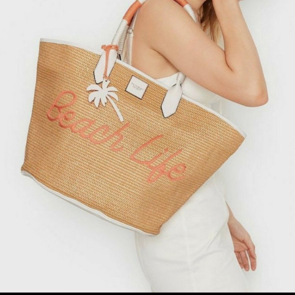 NEW Victoria’s Secret Beach Bag Rafia Embroidery Life Tote Handbag White Peach
